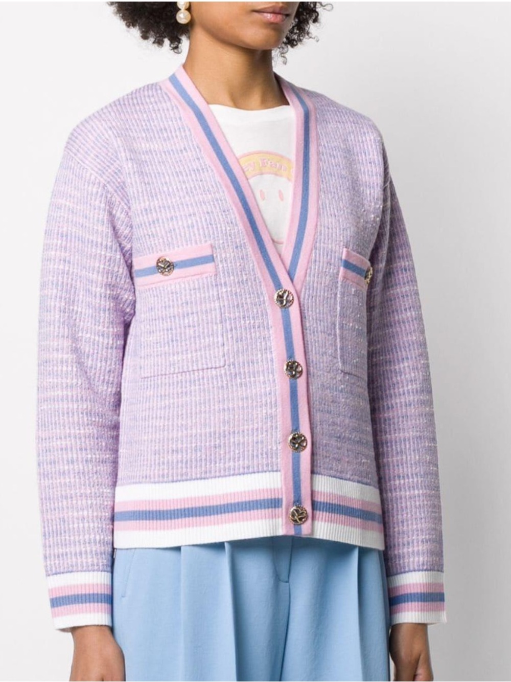 Sandro Women's Lyna Cropped Tweed Cardigan Blue Pink Ribbed V-Neck Button Front